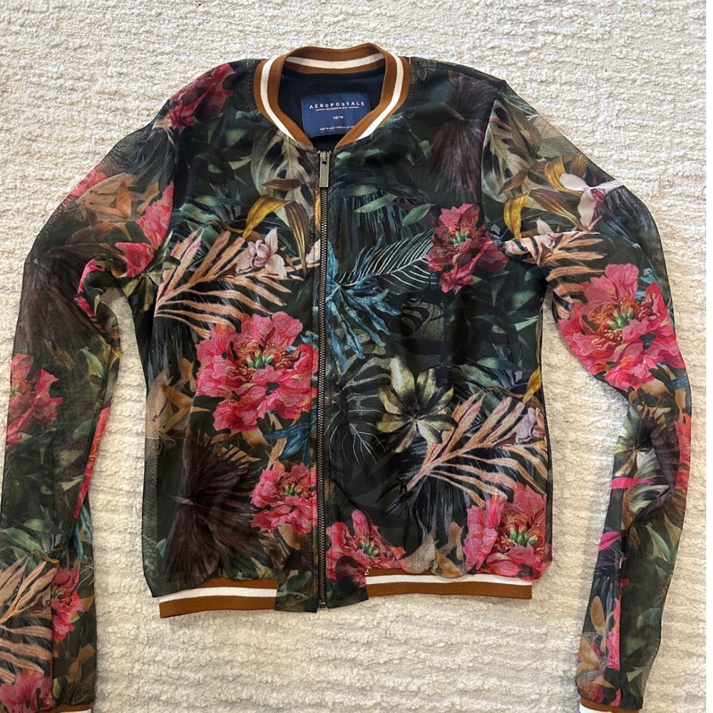 Aeropostale Womens XS Tropical Floral Sheer Mesh Zip Up Bomber Jacket Black Pink